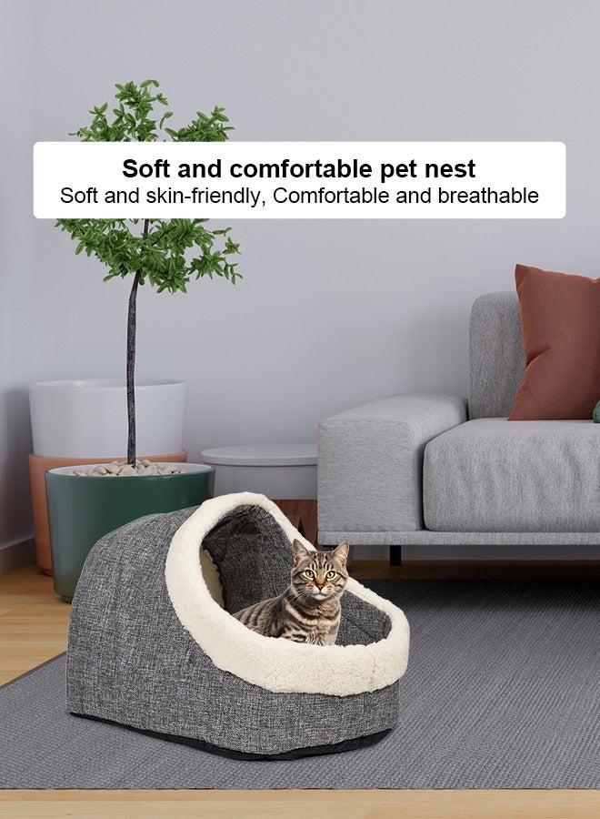 Semi-enclosed cat cave bed with removable washable soft lamb wool cushion, Suitable for all cats & small dogs, Anti-slip bottom, and Comfortable pet nest 35 cm (Grey and white)