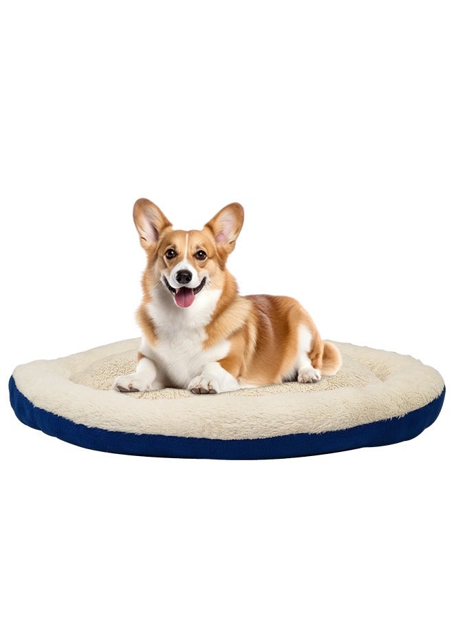 Round dog bed, Ultra-soft plush dog and cat 57 cm round shape comfortable fluff bed for small-medium sized pets to snooze, Machine washable, Anti-slip bottom (Navy blue and white)