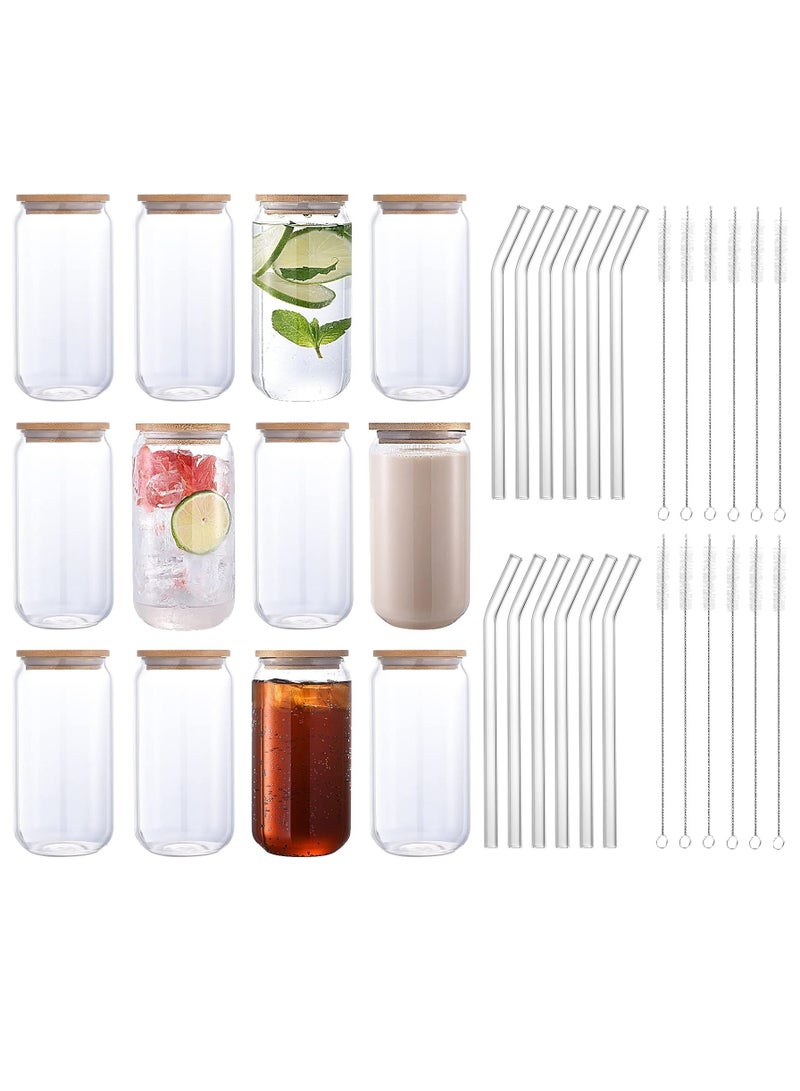 12pcs Set Glass Cups With Bamboo Lids Glass Straws And Cleaning Brush For Ice Coffee Or Smoothie Boba Tea 500ml