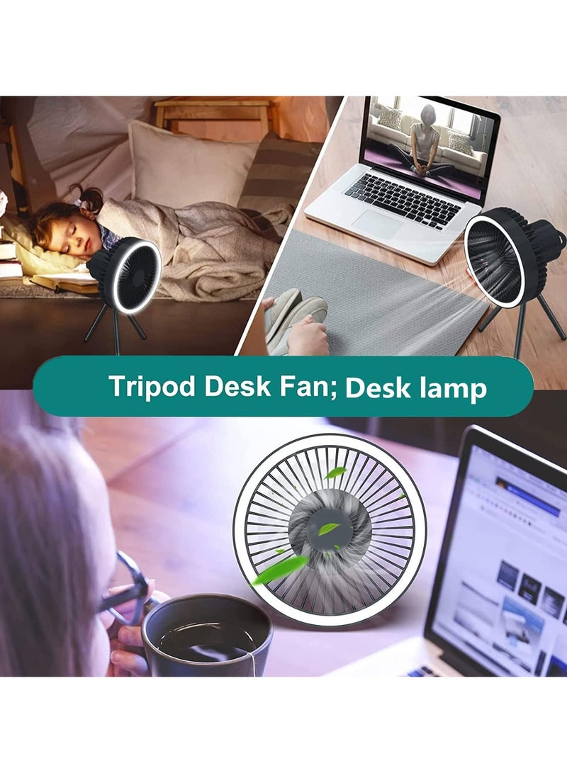 Portable Camping Fan with LED Light,10000mAh Rechargeable Battery Operated Personal Outdoor Desk Fan,3 Speed Outdoor Tent Fan with Tripod,Table Fans with Hanging Ring for Outdoor or Indoor