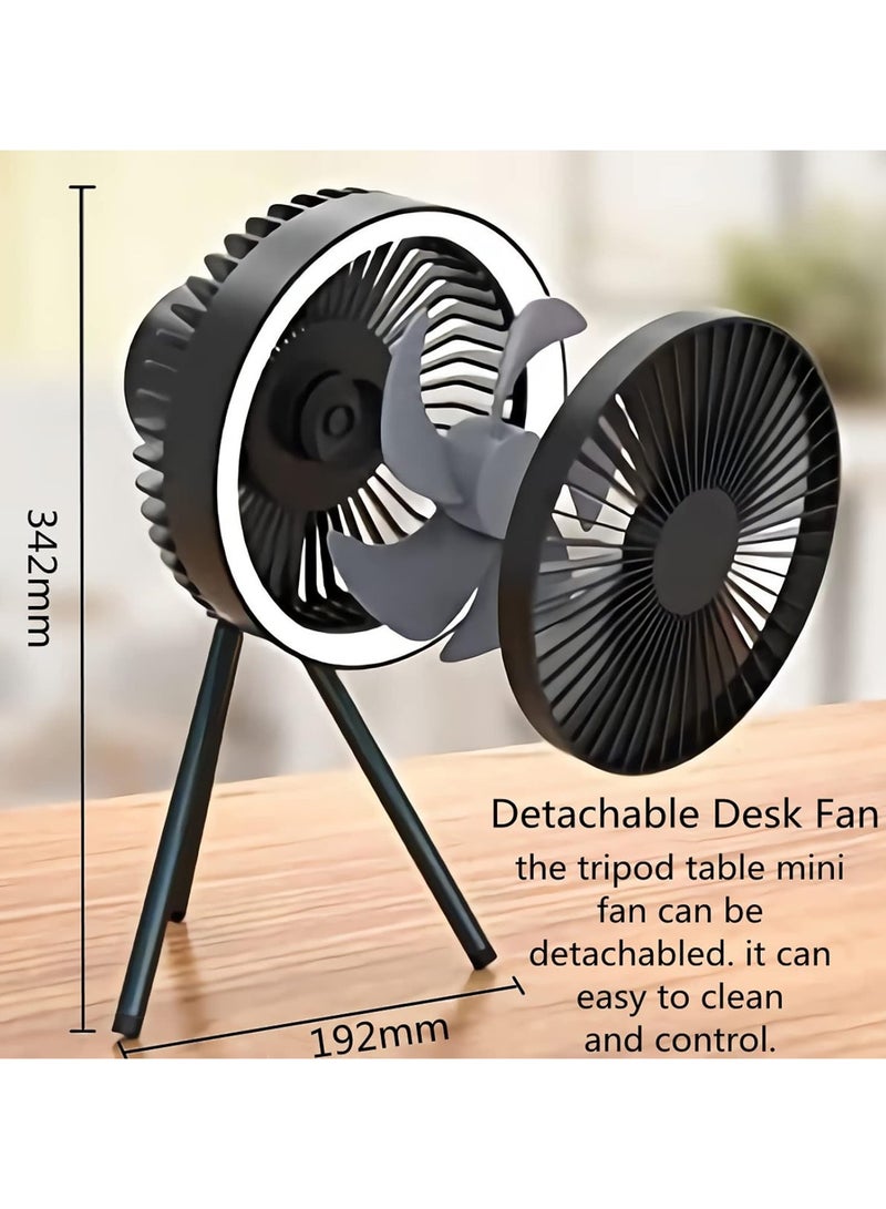Portable Camping Fan with LED Light,10000mAh Rechargeable Battery Operated Personal Outdoor Desk Fan,3 Speed Outdoor Tent Fan with Tripod,Table Fans with Hanging Ring for Outdoor or Indoor