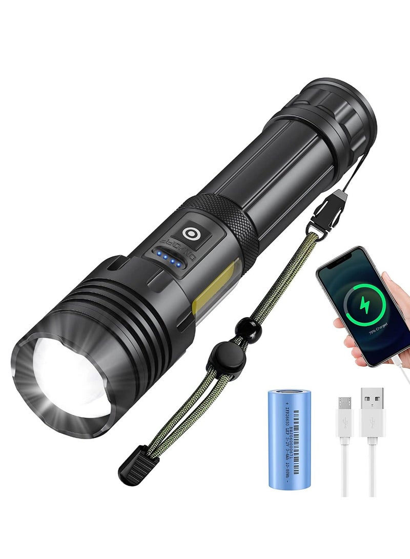 Rechargeable LED Torch with COB Side Light, Super Bright Flashlight Battery Powerd Waterproof Handheld Flashlights for Camping Running Hiking Outdoor and Emergency