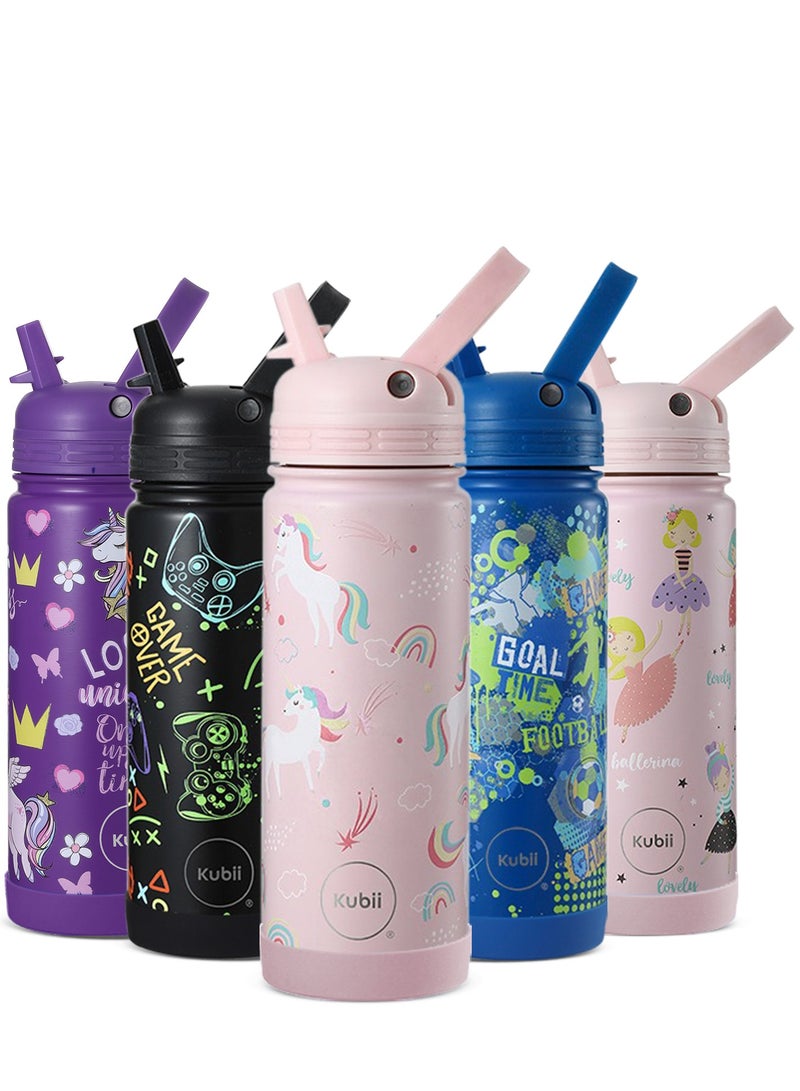 Premium insulated stainless steel wide mouth water bottle for kids with straw lid ,Metal bottle for girls, Thermos bottle, Leak Proof, BPA free 533ml , Unicorn Pink