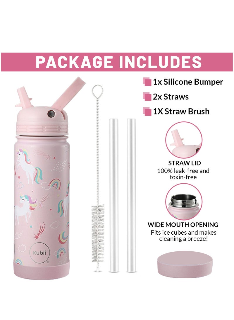 Premium insulated stainless steel wide mouth water bottle for kids with straw lid ,Metal bottle for girls, Thermos bottle, Leak Proof, BPA free 533ml , Unicorn Pink