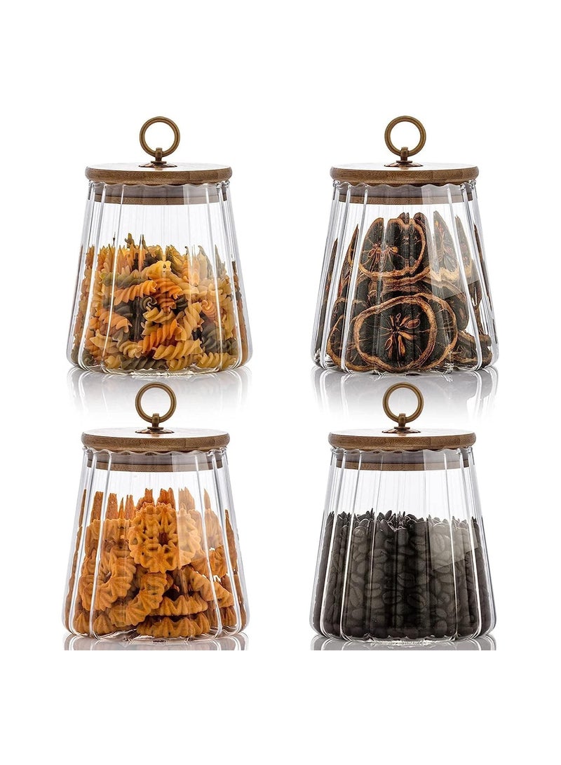 Airtight Glass Jars Set of 4,Glass Coffee Nuts Canister with Bamboo Lid,Petal Decorative Coffee Storage Container for Sugar,Loose Tea,Nuts,Candy,Spice Food,Moisture-proof & Leak proof (Taper)