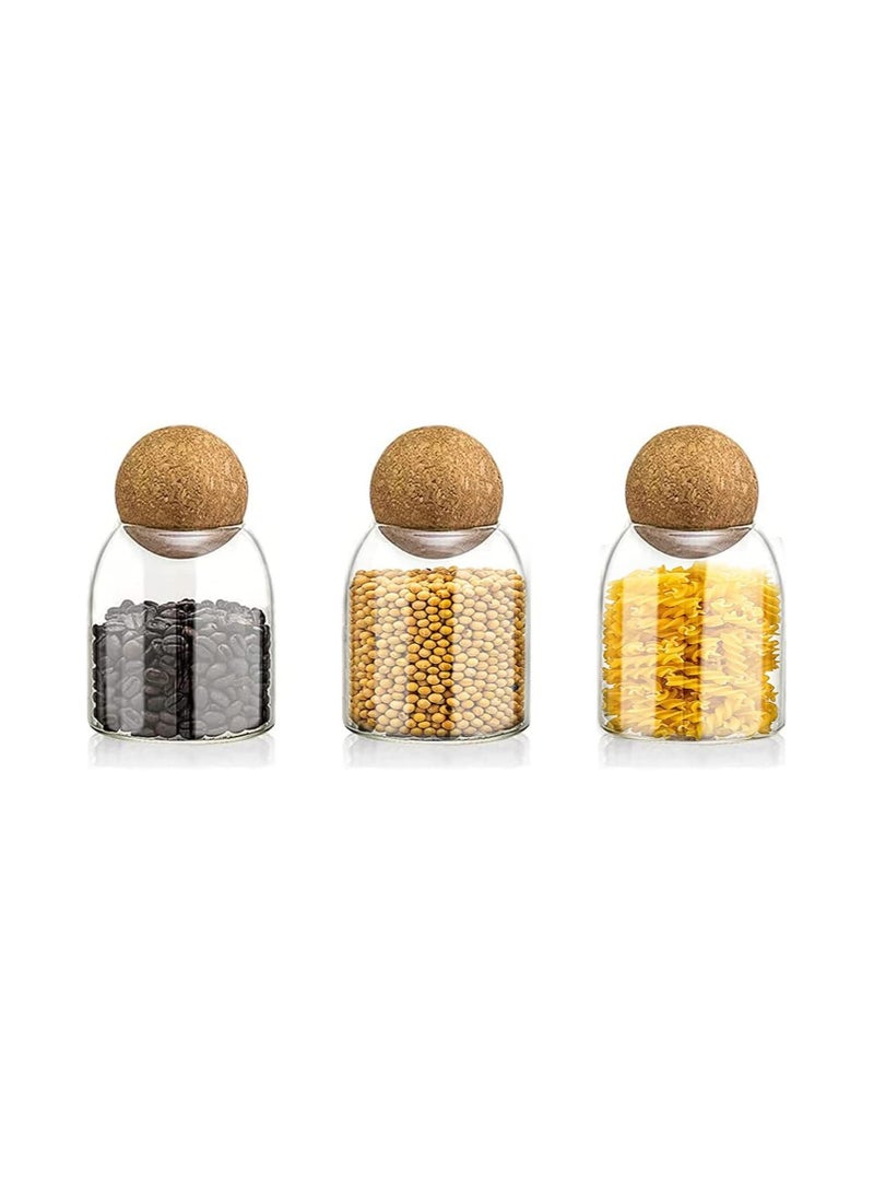 Glass Jar with Ball Cork Lid, Glass Canister with Wood Lid, Storage Container Jars for Coffee, Tea, Spice, Sugar, Salt, Set of 3 (500ml, 800ml, 1200ml) (3 PC, 500ml)