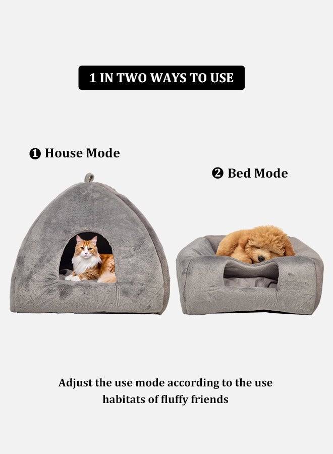 Triangle cat bed, a Self-warming indoor cat cave with a removable cushioned pillow, 2 in-1 foldable cat bed for kittens and small dogs, Easy to clean 50 cm (Grey)