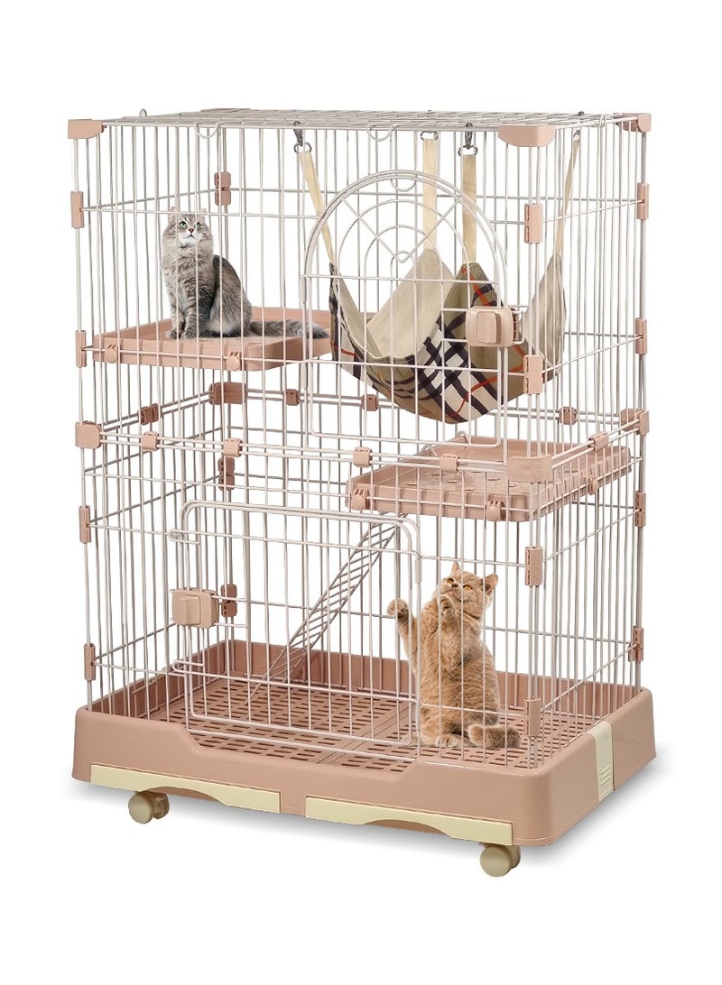 Cat cage playpen, Cat cage with wheels large space 108 cm, Pink cat cage with 2 Platforms 2 Front Doors 1 Ladders and Hammock, Indoor and outdoor cat cage