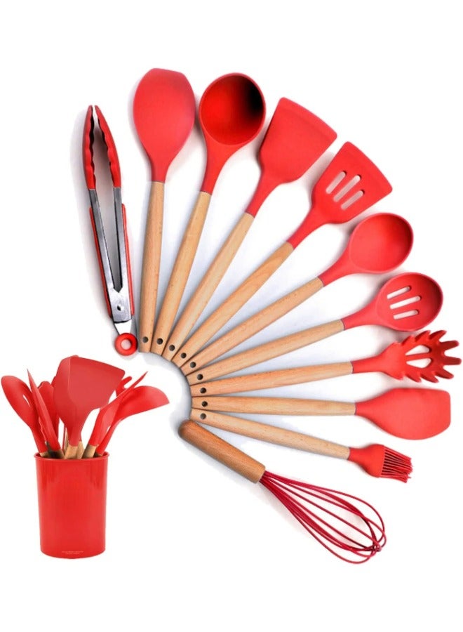 Utensils Set, 11 Piece Silicone Cooking Utensils Set with Hardwood Handles, Nonstick Kitchen Tools Kit for Baking, Mixing, and Serving, Heat Resistant Spatulas and Spoons Set
