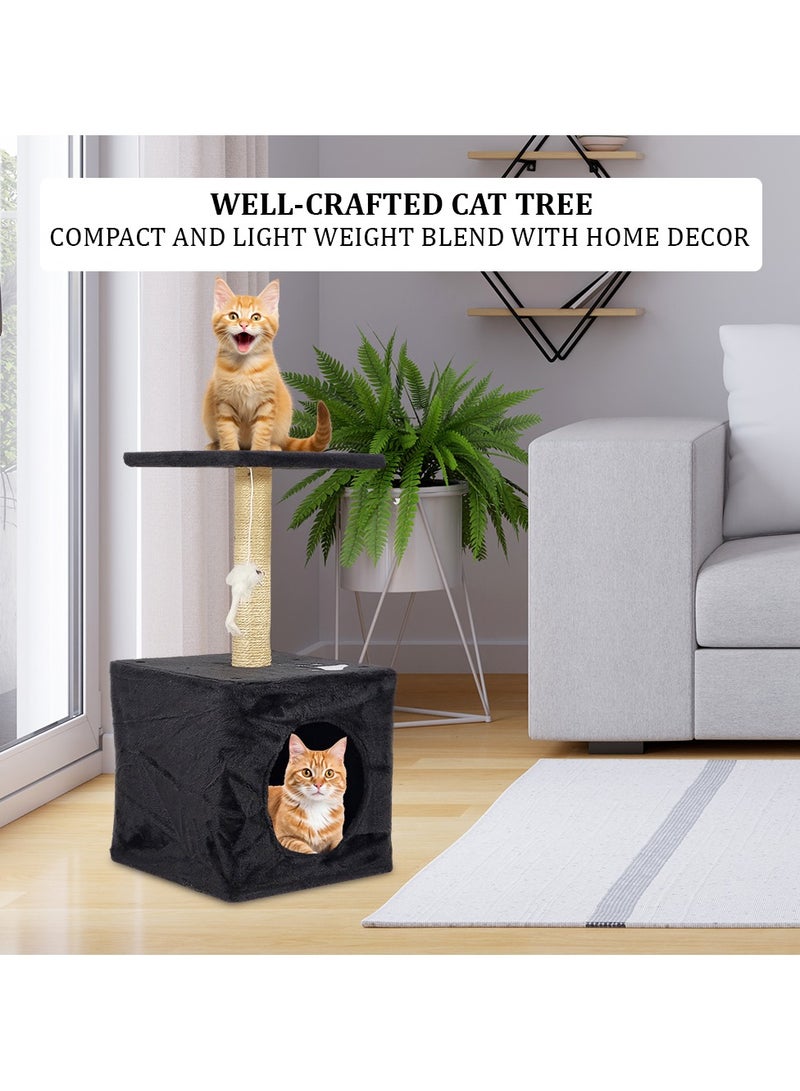 Cat tree, Scratching posts with a condo and dangling toy, Cat scratching post for indoor cats, Small cat tree with top perch for sleeping and playing 60 cm (Black)