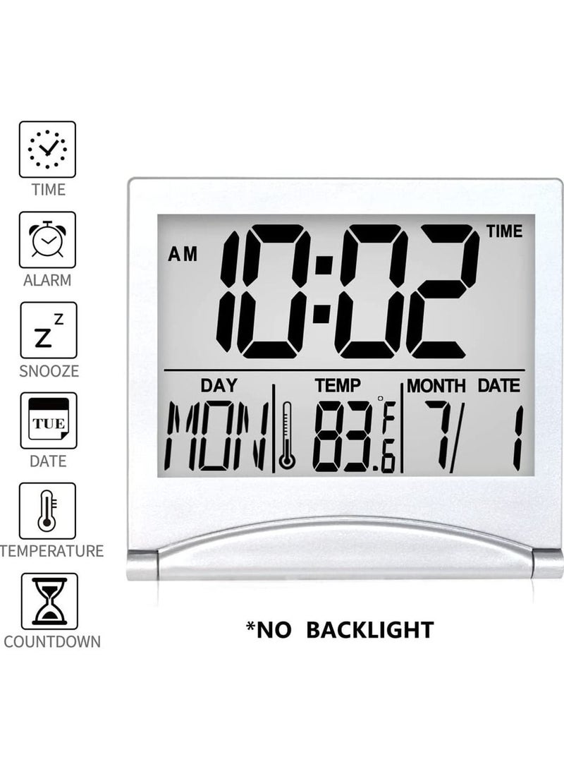 Digital Travel Alarm Clock, 2 Pieces Foldable Calendar and Temperature and Timer LCD Clock with Snooze Mode, Large Number Display, Multifunction Small Portable Clock Desk Clock (Black, Silver)