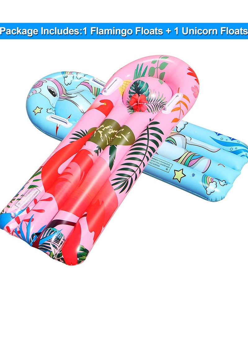 Inflatable Flamingo Unicorn Boogie Boards, 2 Pack Swimming Pool Floating Toys for Kids Learn to Swim Water Slide Boards Pool Floats Toy Lounger Summer Party Supplies