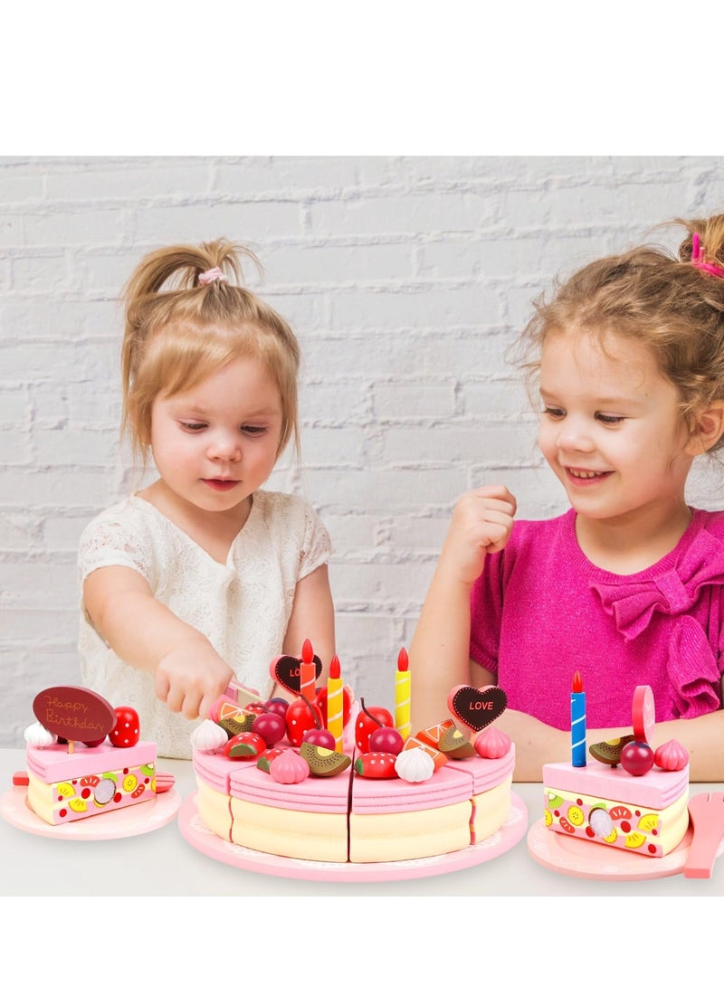 Birthday Party Cake for Kids Wooden Play Food Sets - Pretend Play Kitchen Set for Toddlers with Wood Candles/Fruits/Dishes/Forks - Learning Educational Toys for Boys Girls
