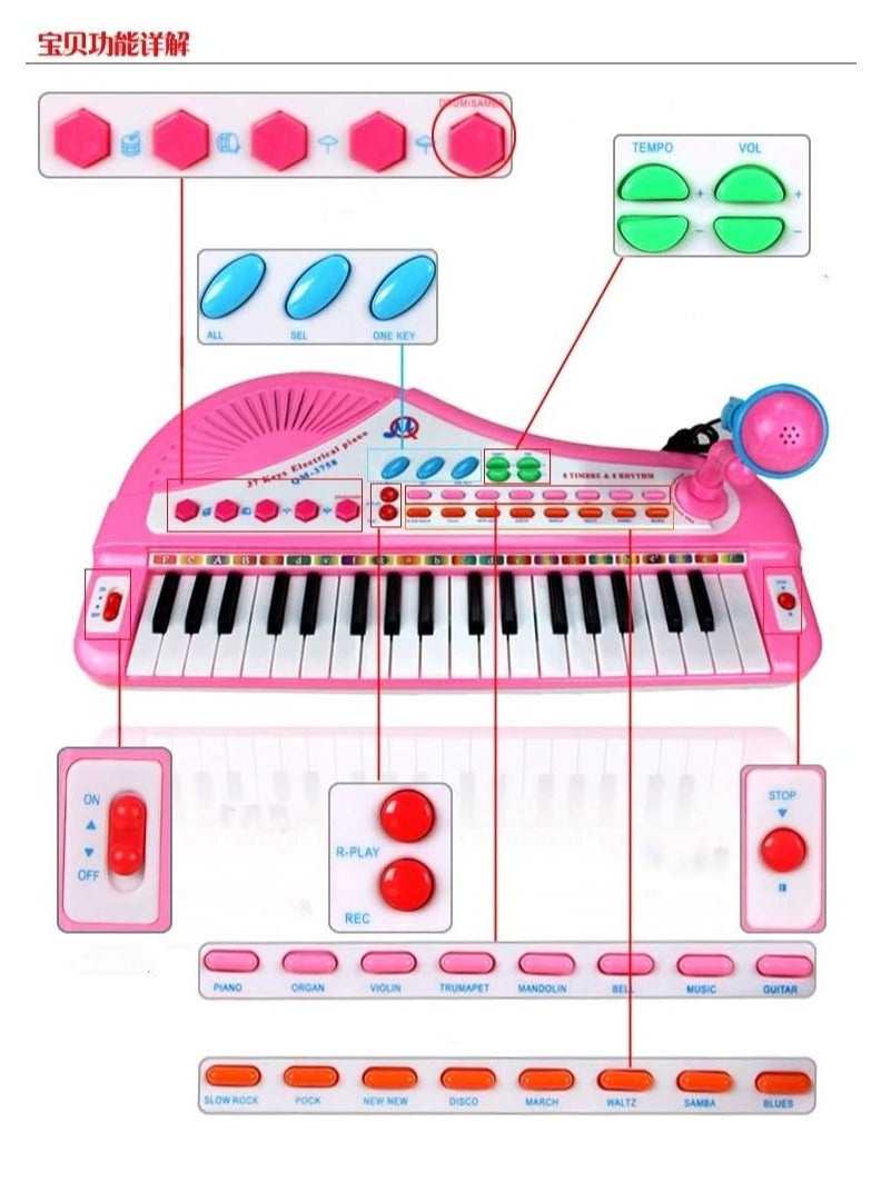 EASY FUTURE 37Key Toy Keyboard Piano Electronic and Battery Piano Musical Instrument Child Kids Musical Toys Including Microphone NOQM3758 pink Pink