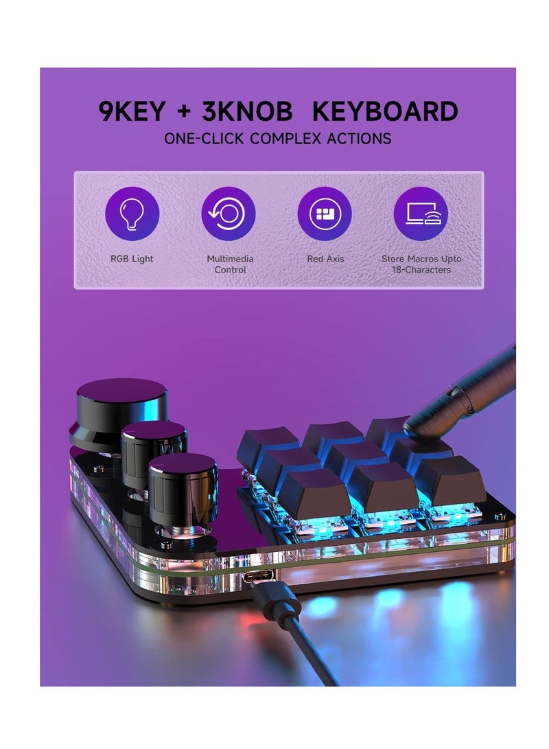 9-Keys USB Mini Macro Mechanical Gaming Keyboard, 3 Knobs One Handed USB PC Keypad, Full-RGB, Wired Mode Programmable Keys Support NKRO, Hotkeys, One-Click Start (Black-Wired -2nd Gen.)
