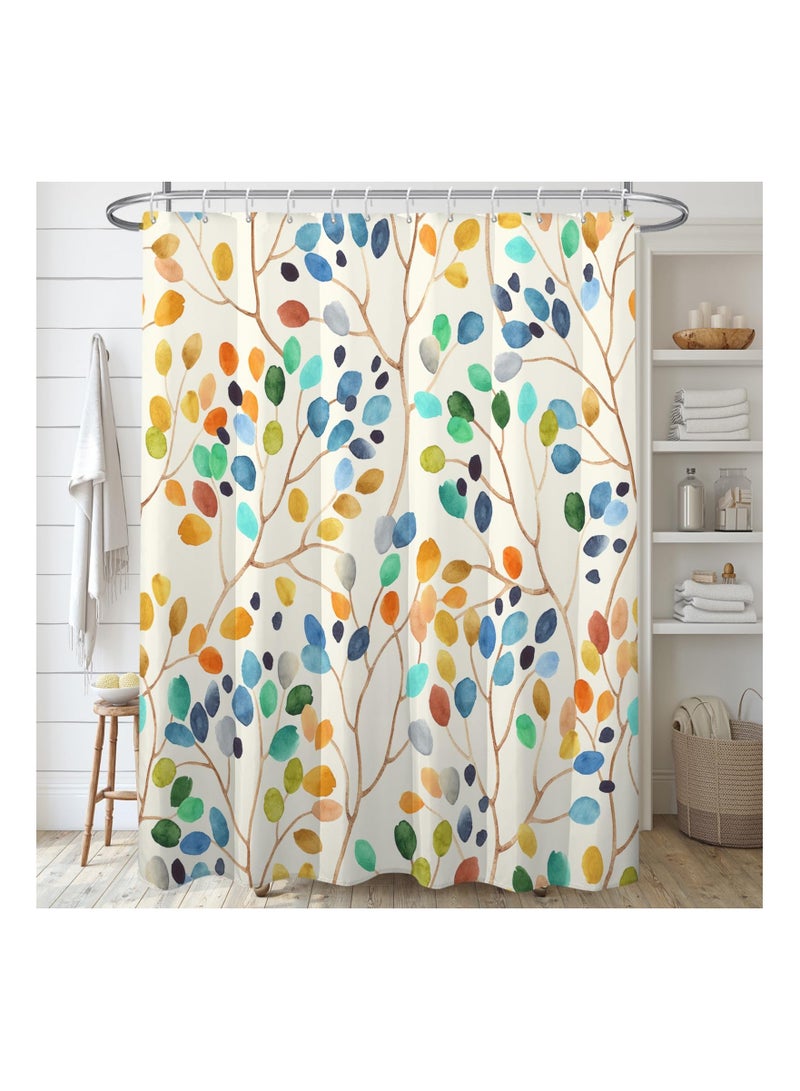 Colorful Leaves Spots on Branches Shower Curtain Sets, Abstract Ivory Color Background Bathroom Curtains, Modern Minimalist Bath Curtain, Waterproof Fabric with 12 Hooks 72x72 Inches
