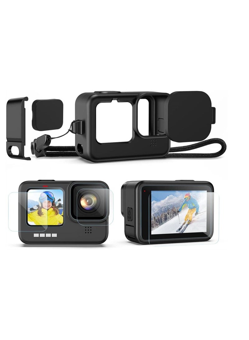Silicone Sleeve with Lanyard and 6 Pcs Tempered Glass Screen Lens Protector for GoPro Hero 10 Black