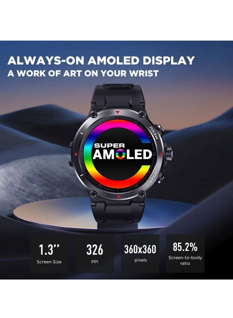 Zeblaze Stratos 2 AMOLED 1.3 Inch Display GPS Built-in Bluetooth V5.0 Smartwatch with 24H Health Monitor, 240+ Watch Faces & Up to 25 Days Battery Life Android iOS - Meteorite Black