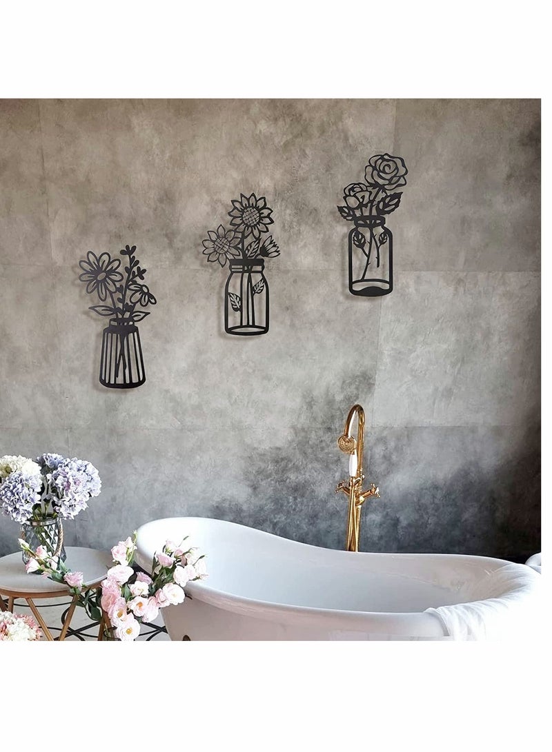 Metal Flowers, Wall Decor, Minimalism, Wall Art Decor, Wall Art, Black Flower Iron Decor, Metal Wall Sculpture, for Patio Balcony Bathroom Decor, Wall Art Bathroom Decor Set of 3