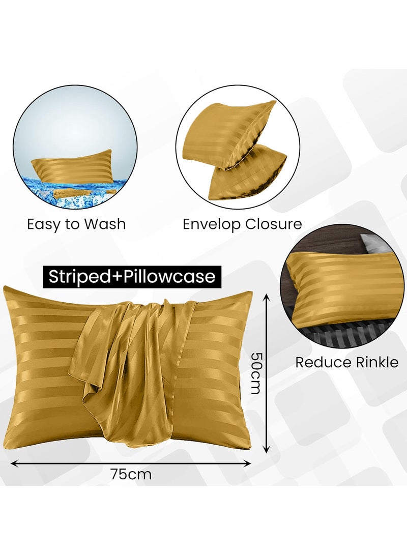 Set of 2 Gold Satin Stripe Pillow Covers Featuring 300 Thread Count, 1cm Satin Stripe, Envelope Closure, Cool, Breathable & Premium Quality