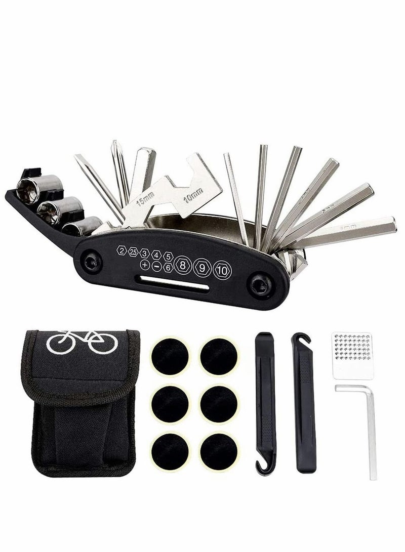 Bike Bicycle Repair Tool Kit, Cycling Multifunctional Mechanic Fix Tools Set Bag, 16 in 1 Multifunction Tool, Tire Levers, Self Adhesive Tyre Tube Patch Include