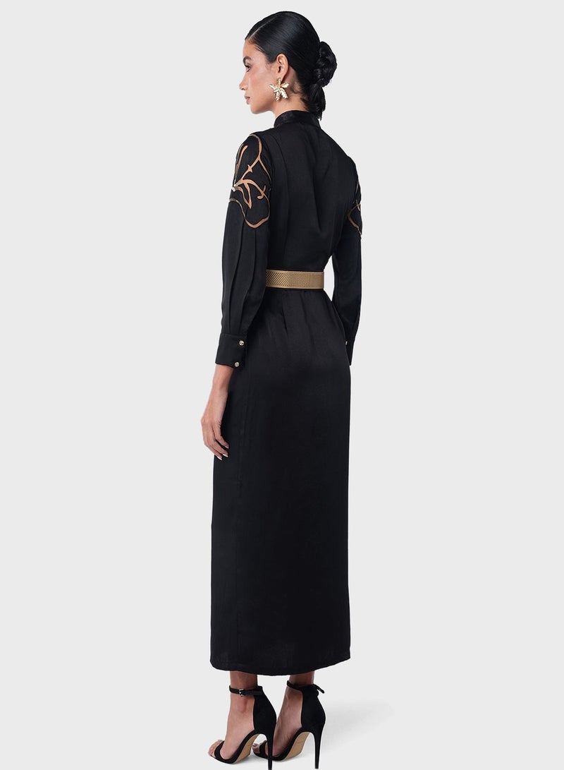 Cane Belted Laser Cut Shirt Dress