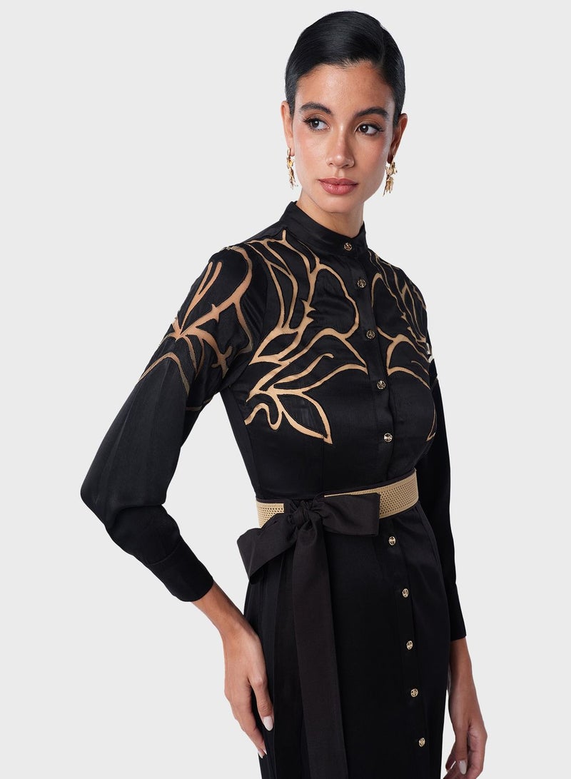 Cane Belted Laser Cut Shirt Dress