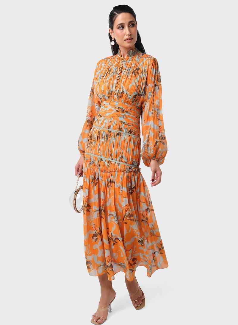 Ruched Waist Printed Dress