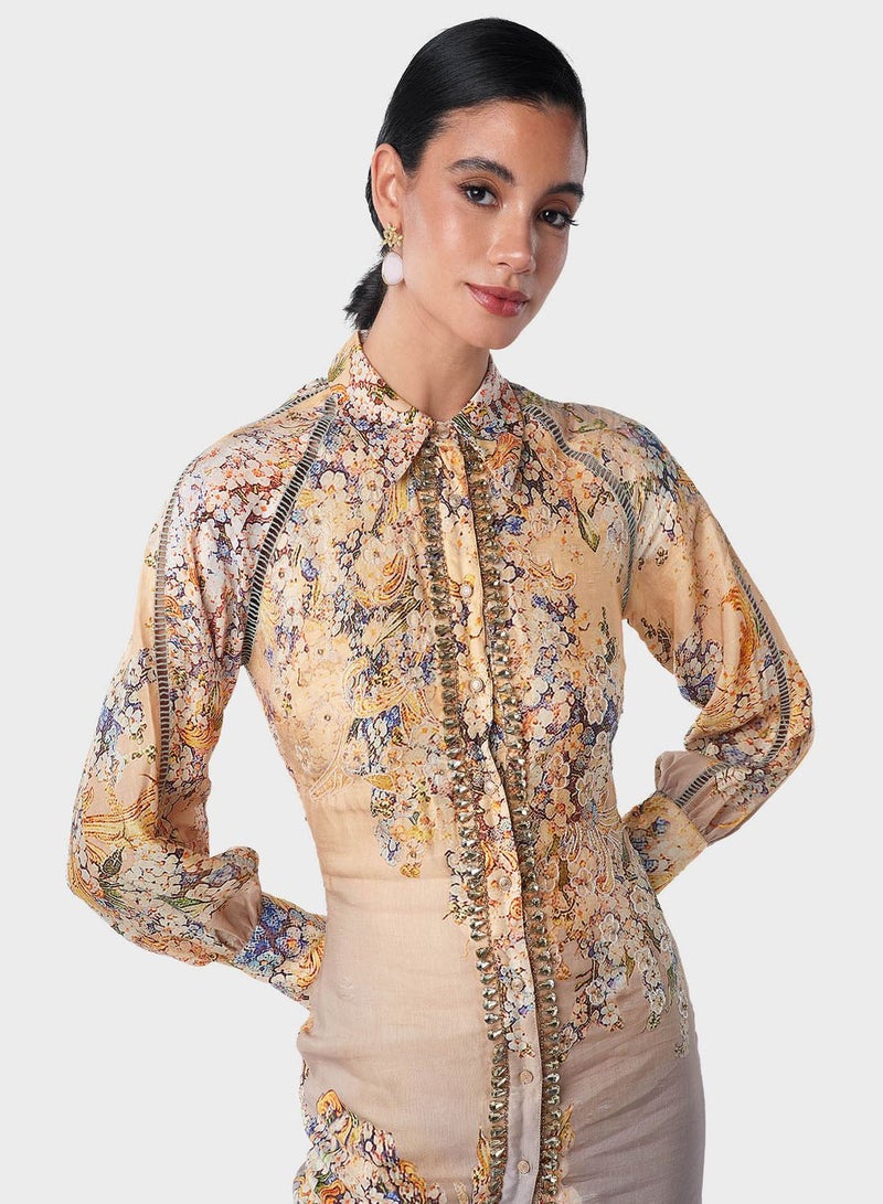 Jewel Embellished Front Panel Printed Shirt Dress