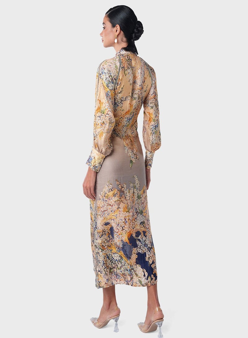 Jewel Embellished Front Panel Printed Shirt Dress