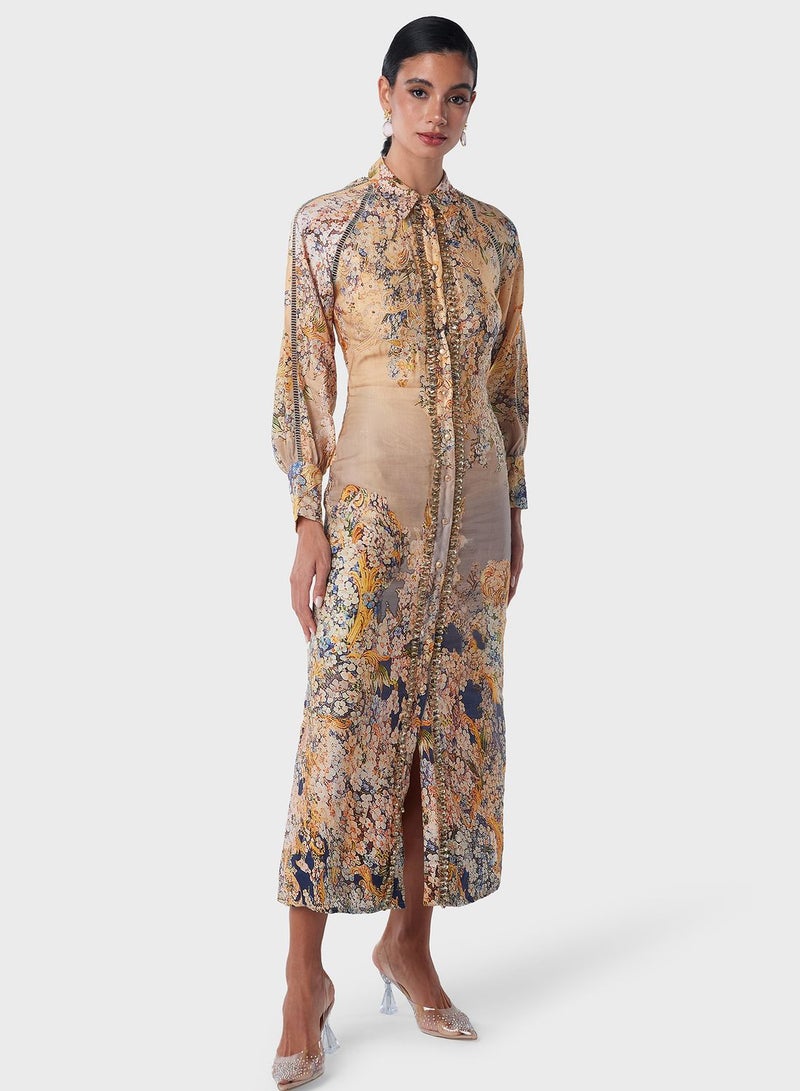 Jewel Embellished Front Panel Printed Shirt Dress