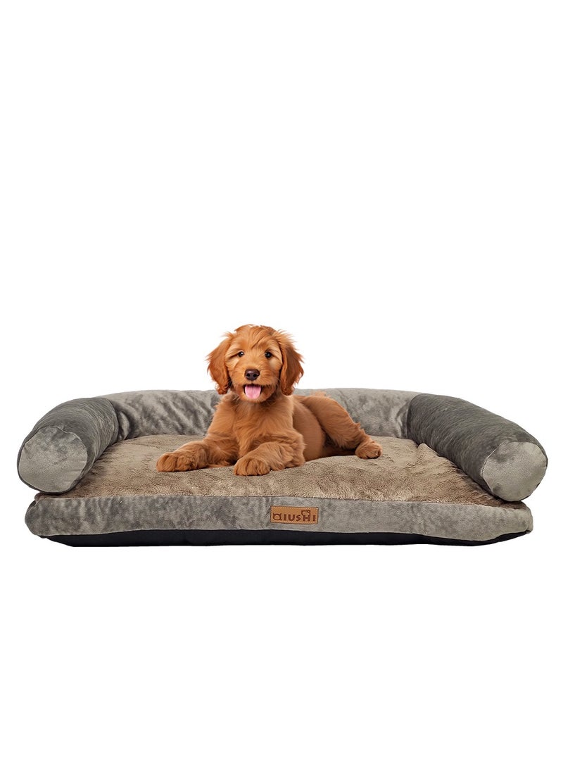 Orthopedic dog bed sofa with U-shaped bolster, Machine washable cover, and nonskid bottom, Suitable for medium-sized pets, Soft and comfortable dog bed 65 cm L (Khaki)
