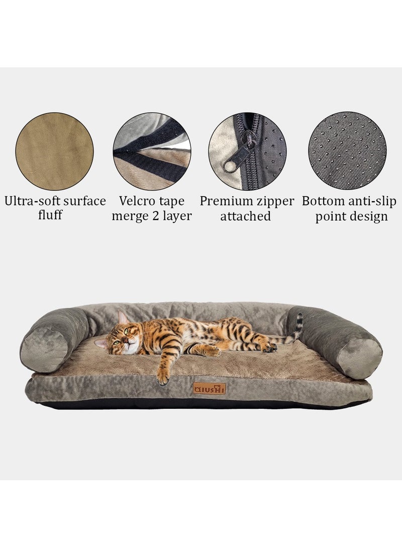 Orthopedic dog bed sofa with U-shaped bolster, Machine washable cover, and nonskid bottom, Suitable for medium-sized pets, Soft and comfortable dog bed 65 cm L (Khaki)