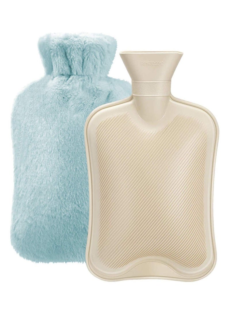 Hot Water Bottle with Soft Fleece Cover 2L Classic Bag for Cold Therapy Pain Relief Back Neck Period Cramps Relieve Stress Pack and Feet Warmer Blue
