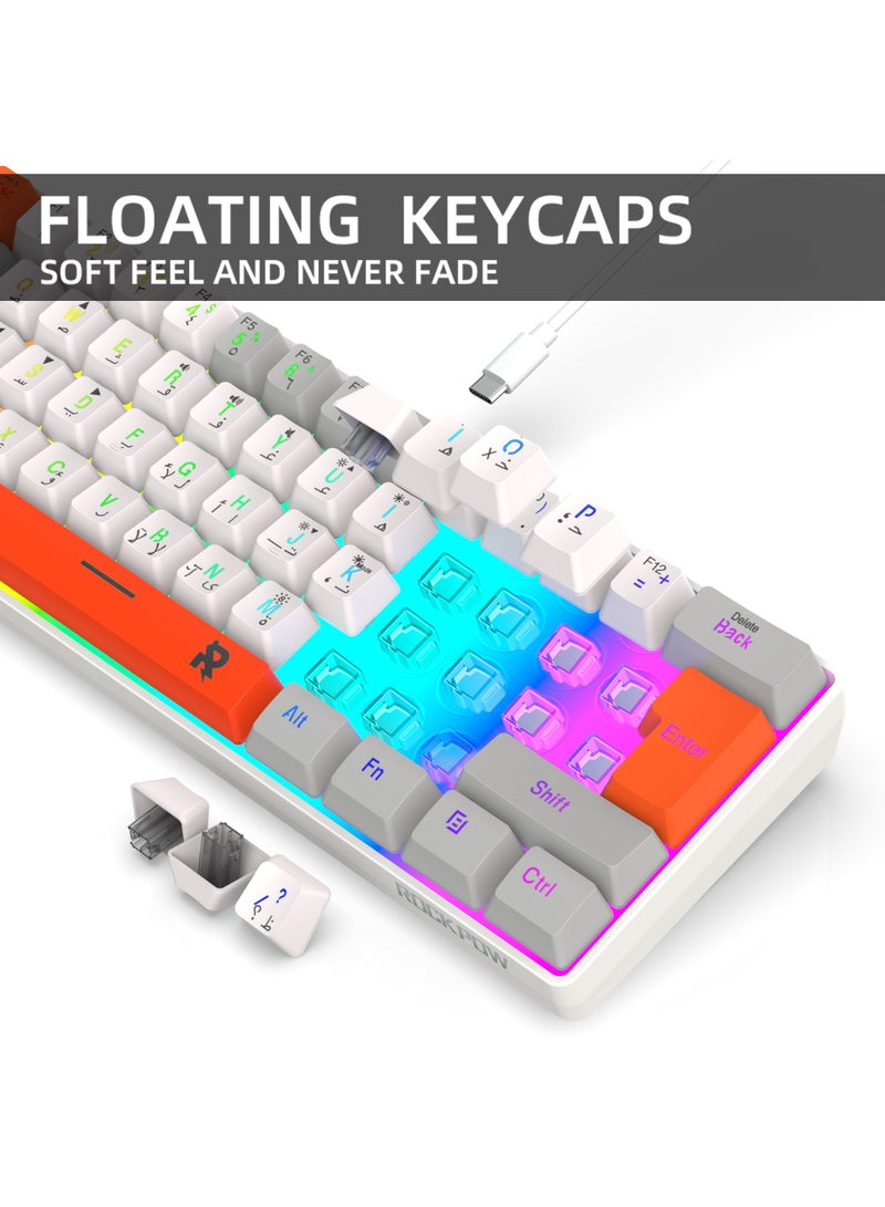 ROCK POW 60% Wired Gaming Keyboard,Arabic English 61Key RGB Backlit Membrane Gaming Keyboard, Ultra-Compact Mini Waterproof Keyboard for PC Computer Gamer