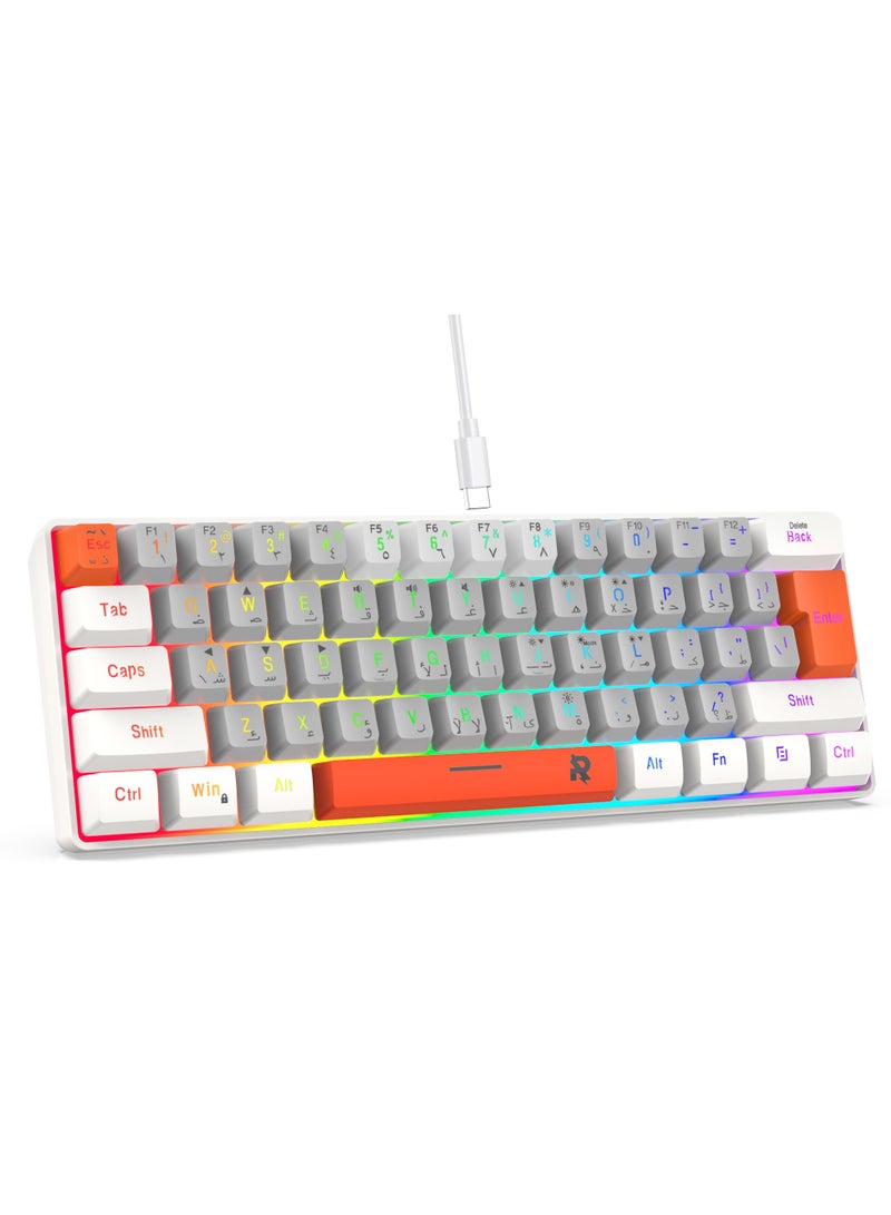 ROCK POW 60% Wired Gaming Keyboard,Arabic English 61Key RGB Backlit Membrane Gaming Keyboard, Ultra-Compact Mini Waterproof Keyboard for PC Computer Gamer White Grey Orange