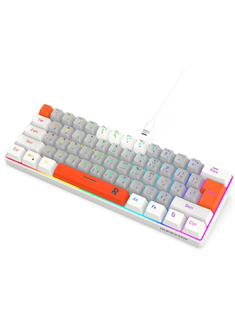 ROCK POW 60% Wired Gaming Keyboard,Arabic English 61Key RGB Backlit Membrane Gaming Keyboard, Ultra-Compact Mini Waterproof Keyboard for PC Computer Gamer White Grey Orange