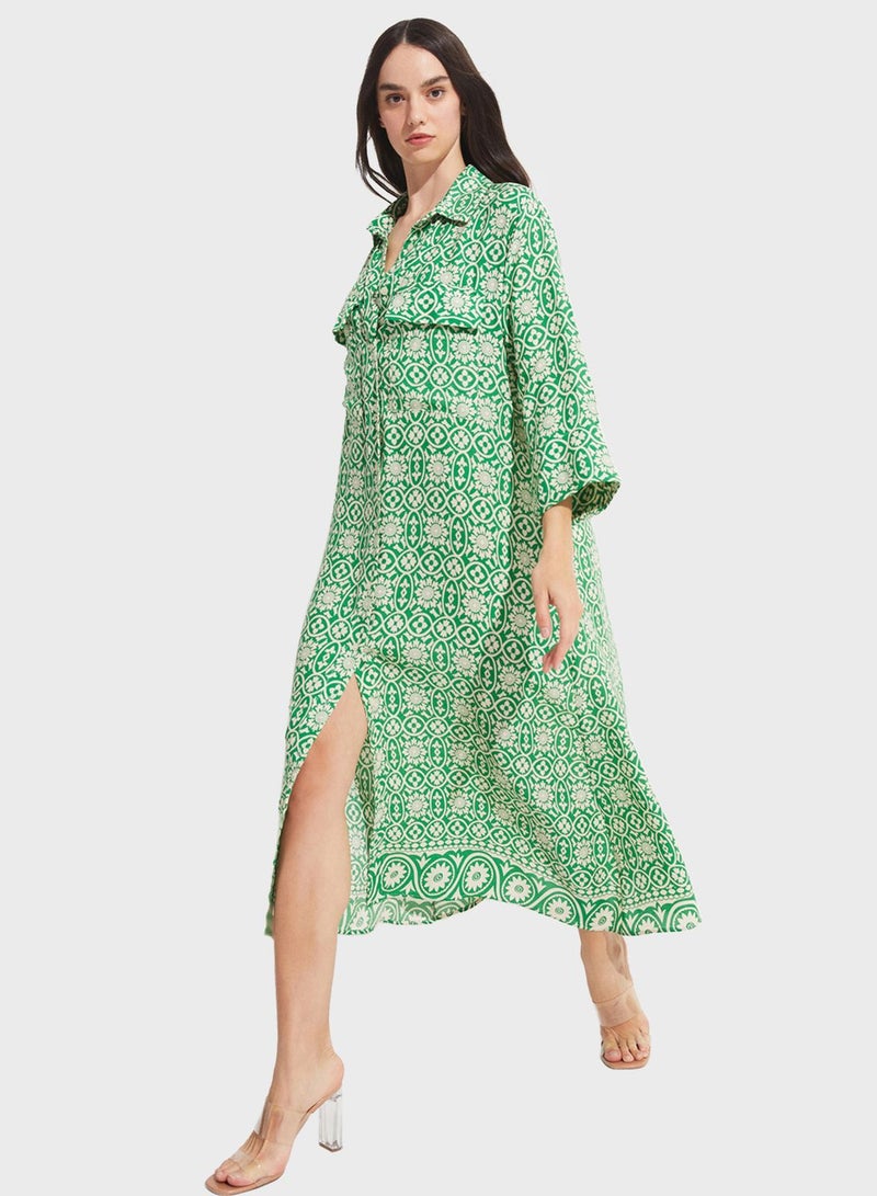 Patterned Pocket Detailed Viscose Maxi Dress