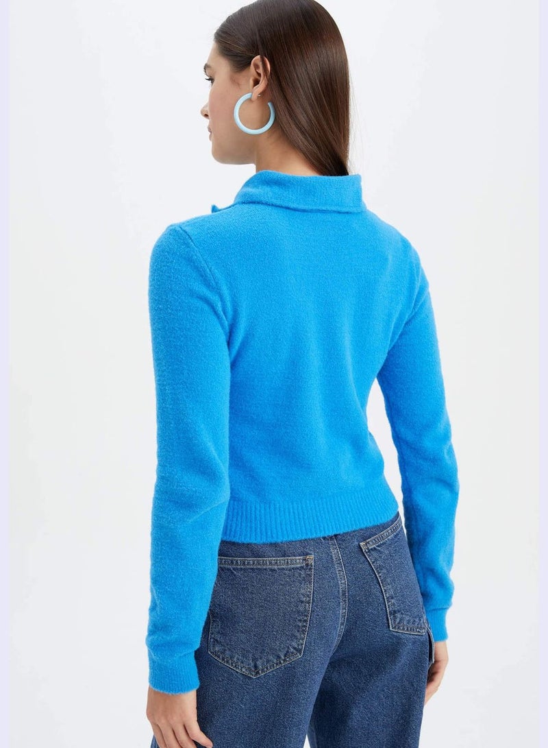 Woman Slim Fit Polo Neck Long Sleeve Tricot Pullover