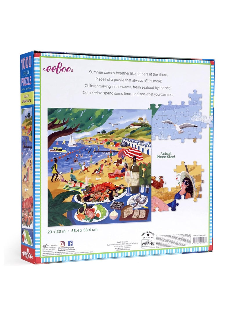 eeBoo: Piece and Love Beach Umbrellas 1000 Piece Square Adult Jigsaw Puzzle, Puzzle for Adults and Families, Glossy, Sturdy Pieces and Minimal Puzzle Dust