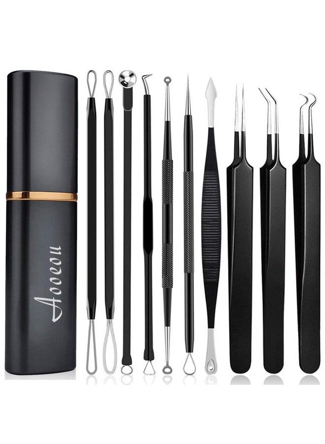 Pimple Popper Tool Kit Aooeou 10 Pcs Professional Blackhead Extractor With Metal Case Easy Removal For Pimples Blackheads Zit Removing Forehead And Nose(Black)