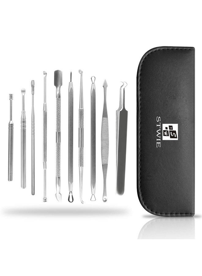 10Pcs Pimple Popper Blackhead Remover Tool +Ear Wax Removal +Cuticle Pusher Stainless Steel Comedone Zit Blemish Acne Kit With Brush & Leather Bag