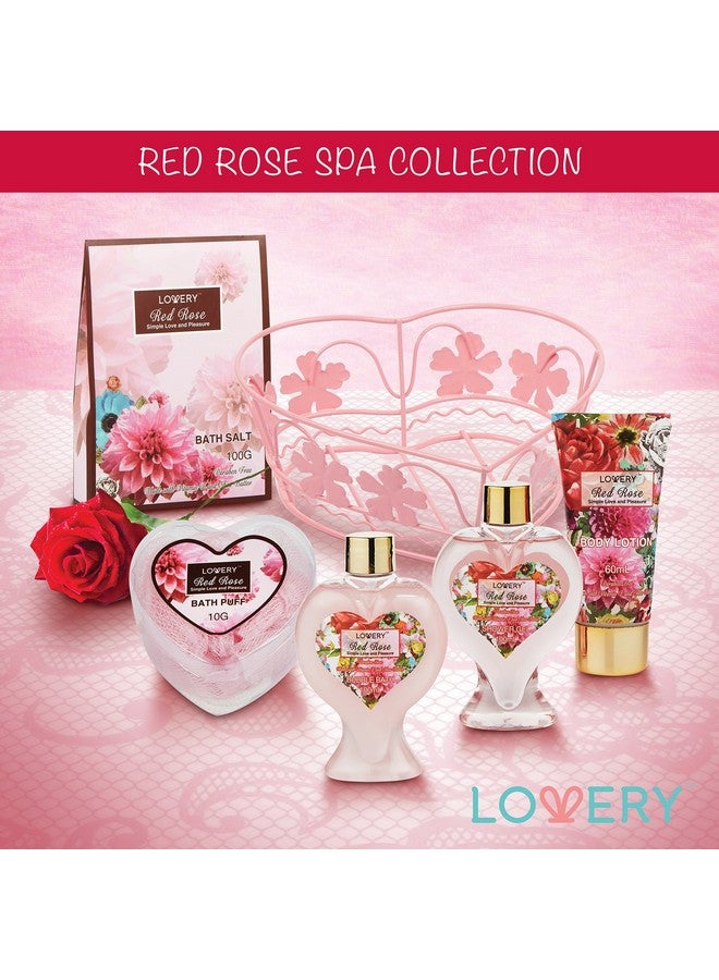 Valentines Gifts From Daughter & Son Home Spa Gift Basket For Women Red Rose Scent Luxury Bath & Body Set With Shower Gel Bubble Bath Body Lotion Bath Salt Shower Puff And Wired Heart Basket
