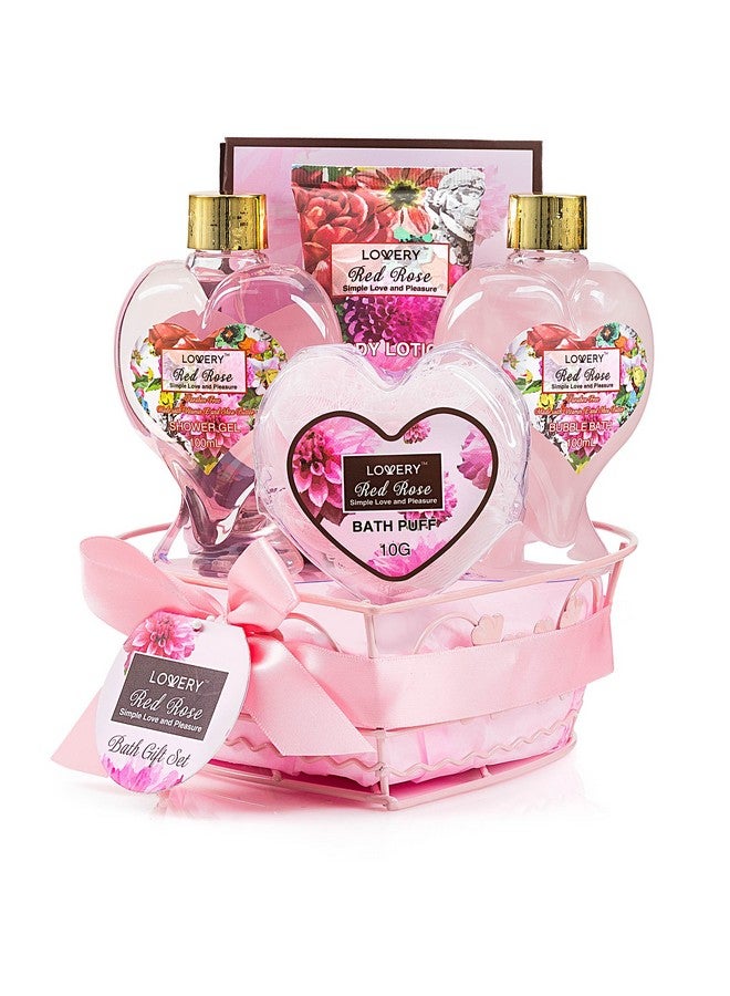 Valentines Gifts From Daughter & Son Home Spa Gift Basket For Women Red Rose Scent Luxury Bath & Body Set With Shower Gel Bubble Bath Body Lotion Bath Salt Shower Puff And Wired Heart Basket