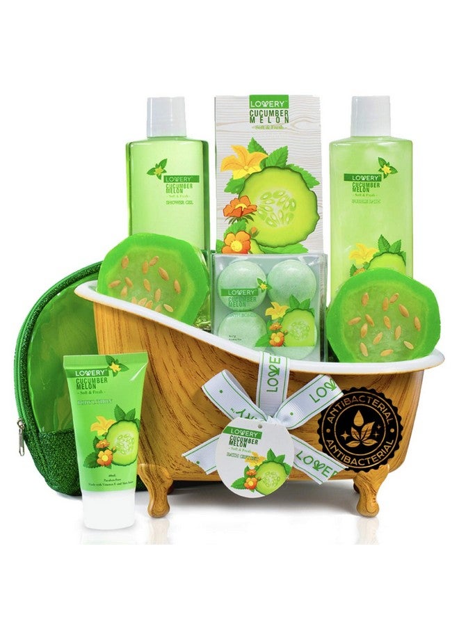 Valentines Day Gifts Home Spa Bath Basket Gift Set Aromatherapy Kit For Men & Women Natural Cucumber With Organic Melon 12 Piece Skin Care Set Includes 2 Organic Melon Soaps Body Lotion & More