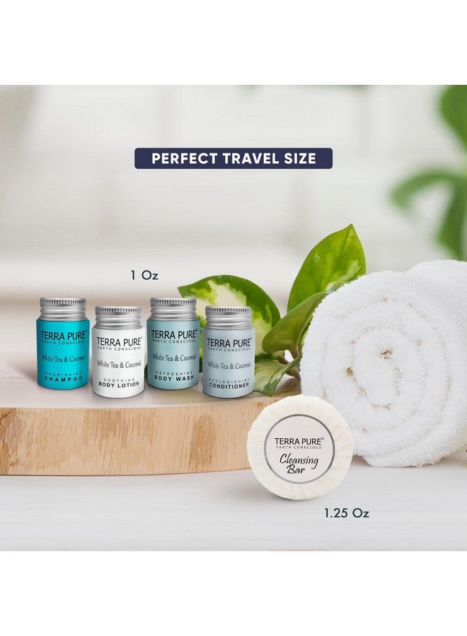 White Tea & Coconut Hotel Size Toiletries Set 1Shoppe Allinkit 1 Oz. Liquids And 1.25 Oz. Bar Soap Amenities For Hotels Airbnb & Rentals (75 Pieces)