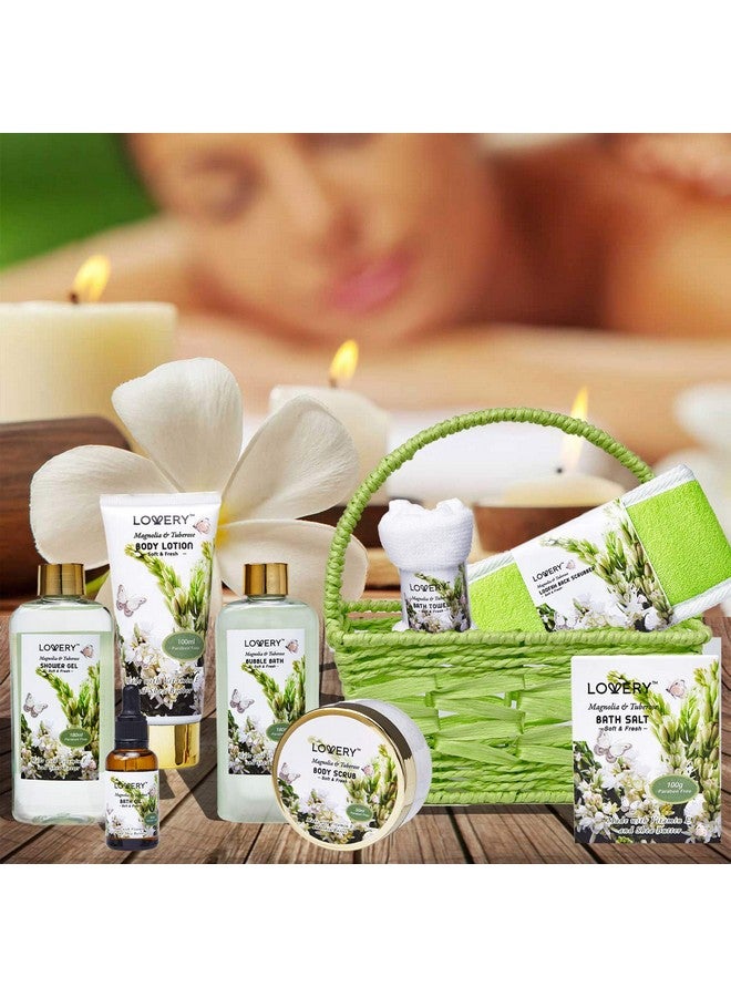 Valentines Day Gifts From Daughter And Son Bath And Body Birthday Gift Basket For Women And Men Magnolia & Tuberose Home Spa Set Includes Fragrant Lotions Massage Oil Bath Towel & More 9Pc Set