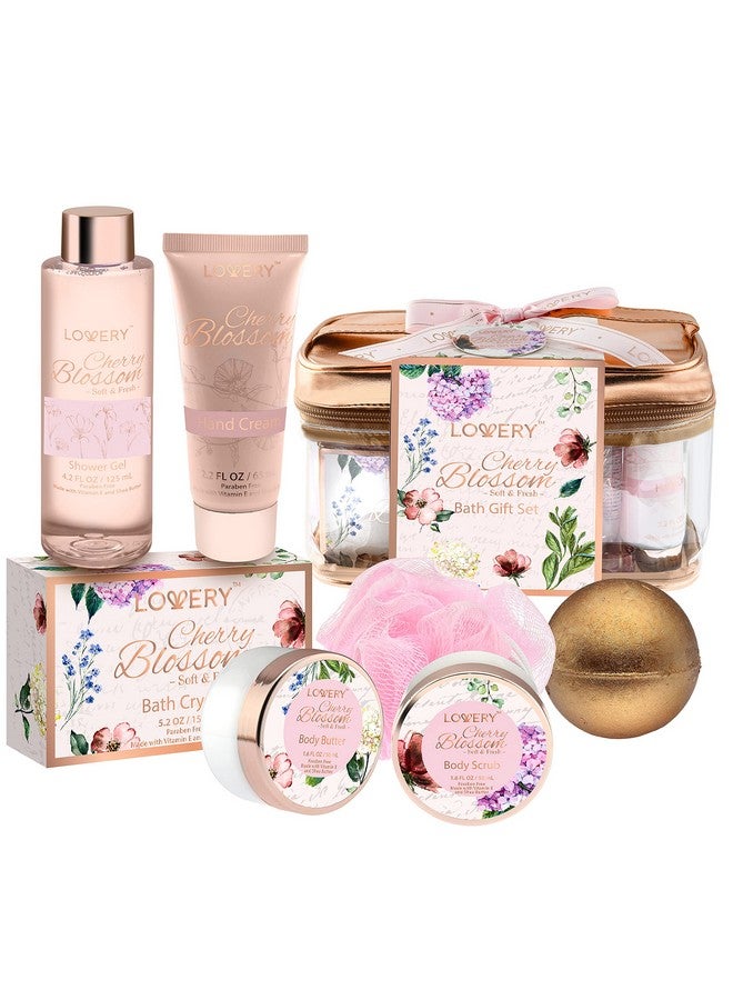 Valentines Day Bath And Body Gift Basket For Women Cherry Blossom Home Spa Set Body Lotion Shower Gel Extra Large Bath Bomb Body Butter Body Scrub Bath Crystal Puff & Rose Gold Cosmetic Bag