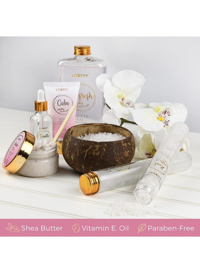 Valentines Gift Set Home Spa Gift Basket With Milky Coconut Scent Vitamin E & Shea Butter With Shower Gel Bath Salt & Crystals Body Scrub Hand Cream Body Oil Bath Pillow Wooden Crate & More