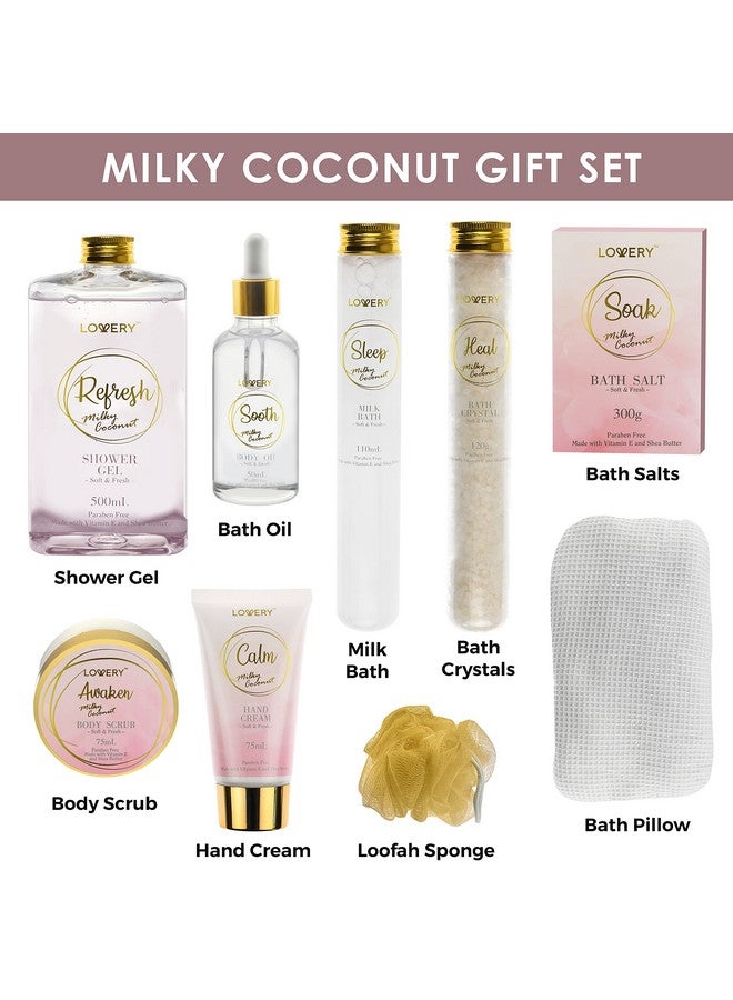 Valentines Gift Set Home Spa Gift Basket With Milky Coconut Scent Vitamin E & Shea Butter With Shower Gel Bath Salt & Crystals Body Scrub Hand Cream Body Oil Bath Pillow Wooden Crate & More